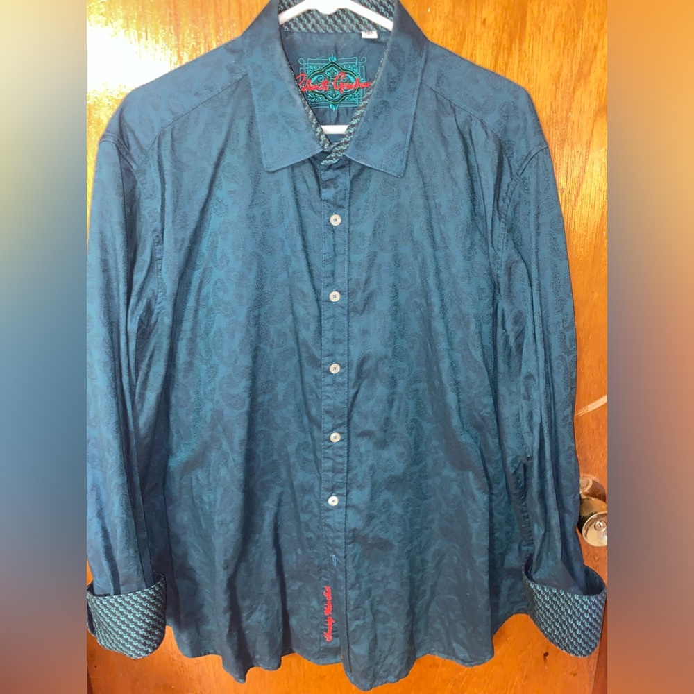 Robert Graham Men’s Casual Button Down Shirt 3XL Teal Paisley W/ Geometric Cuff